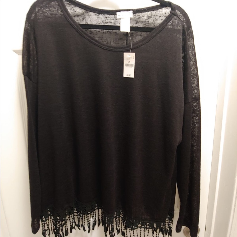 Long Sleeve Black Top with Fringe Hem Detail